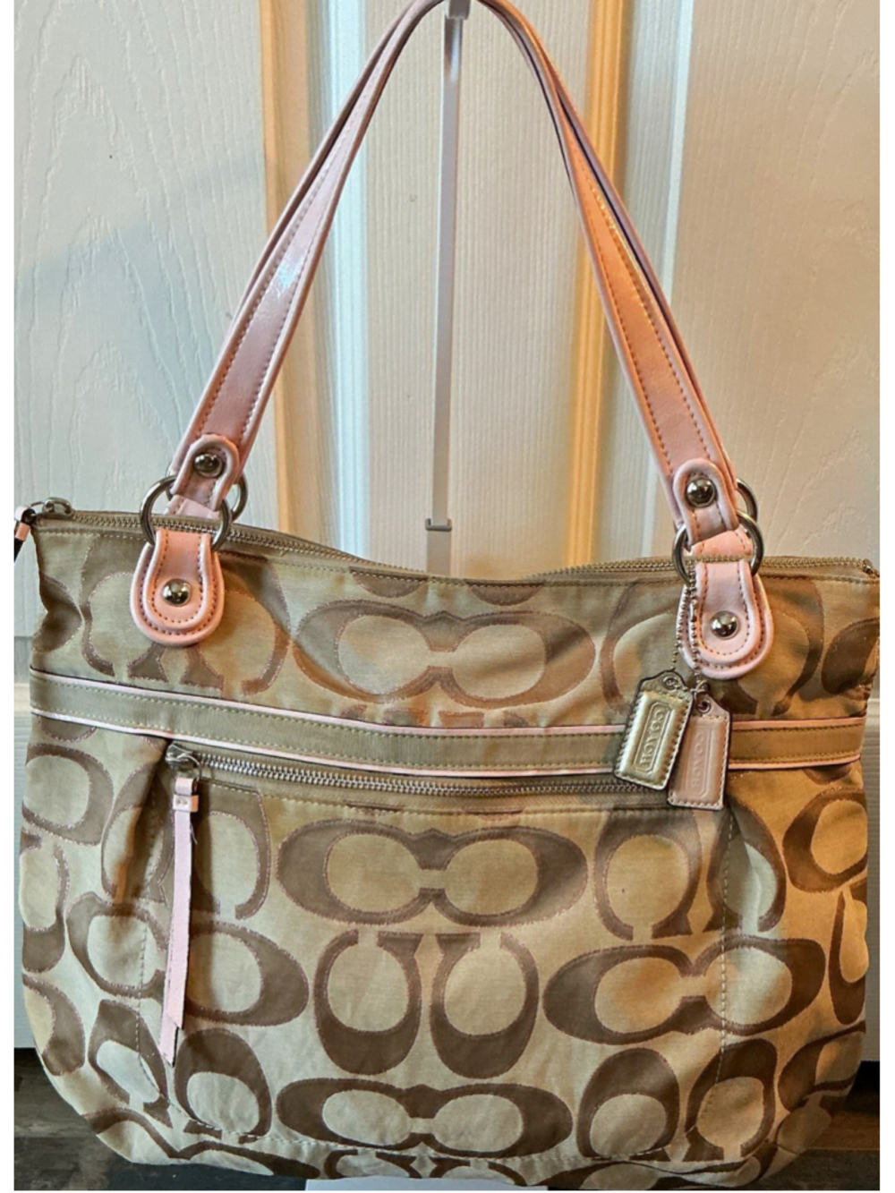 Coach Poppy Metallic Signature Sateen Glam Tote Pink Tan 18979 Large Y2K